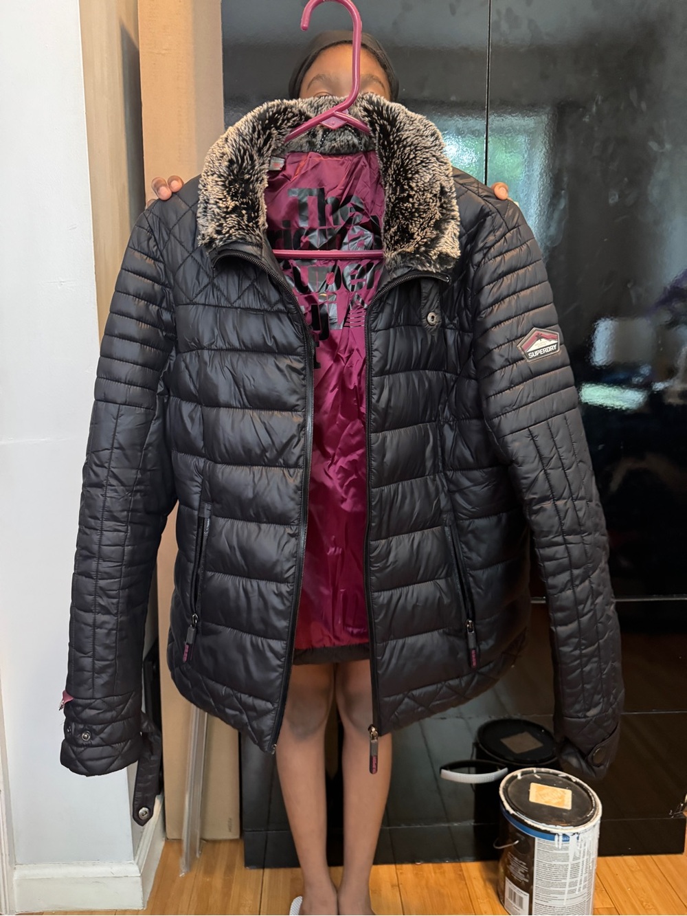 Black Quilted Puffer Jacket with Faux Fur Collar - Women